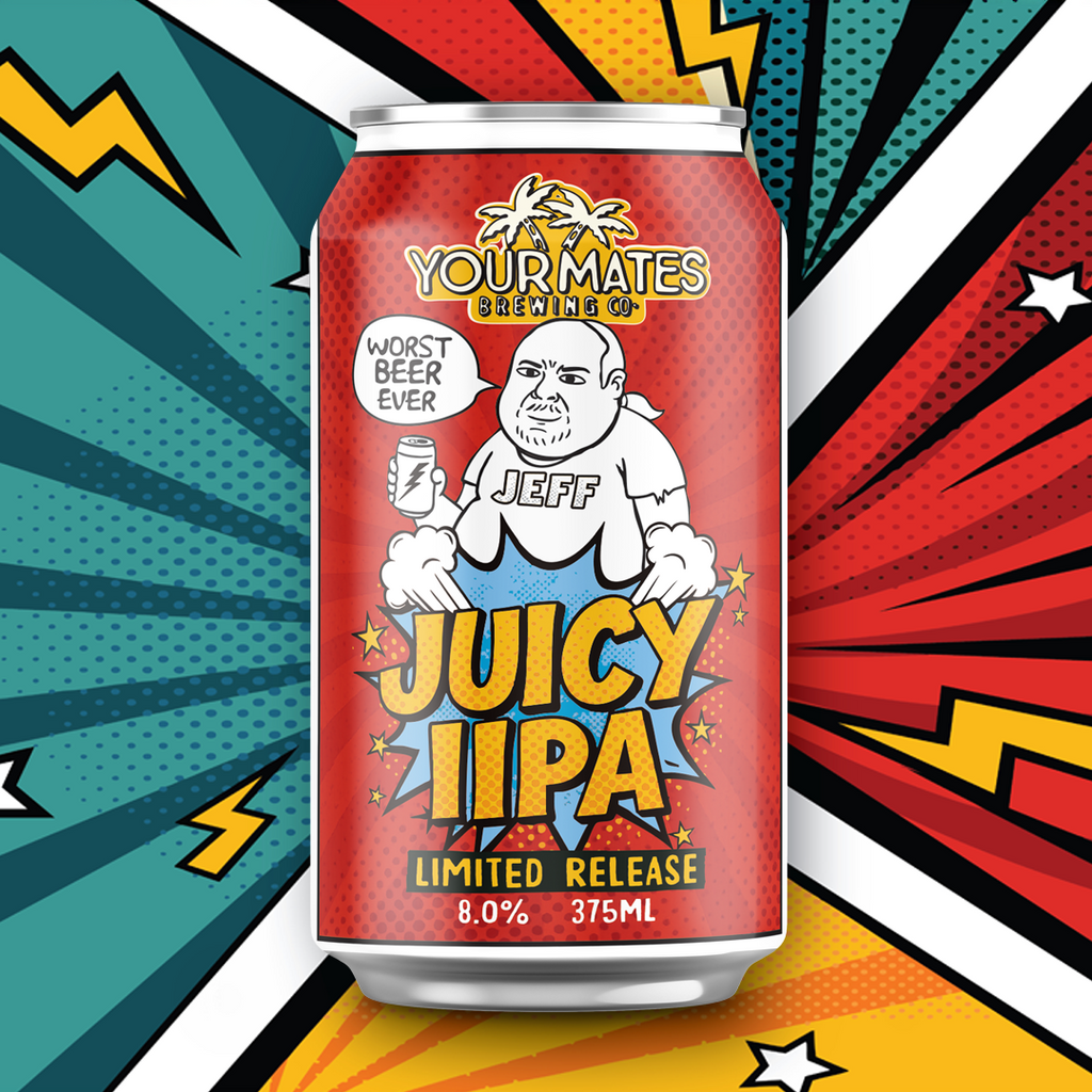 Beer can labeled 'Juicy IIPA' with a colorful comic book style background