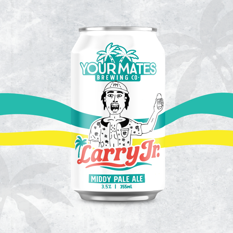 Beer can labeled 'Your Mates Brewing Co. Larry Jr. Middy Pale Ale' on a textured white background